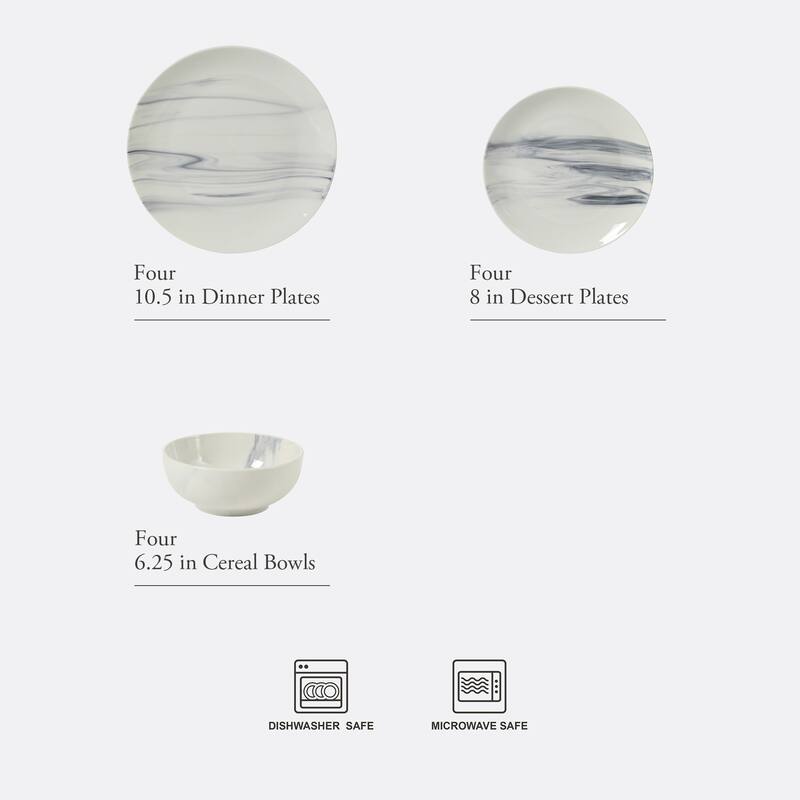 Gibson Home Cloudlight 12 Piece Plates and Bowls Dishes - Decorated Porcelain Ceramic Dinnerware Set - Service for 4