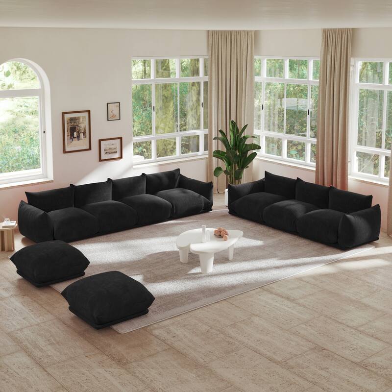 Modern Chenille Fabric Upholstery Modular Sectional Sofa for Living Room Set with 2 Ottoman - Black