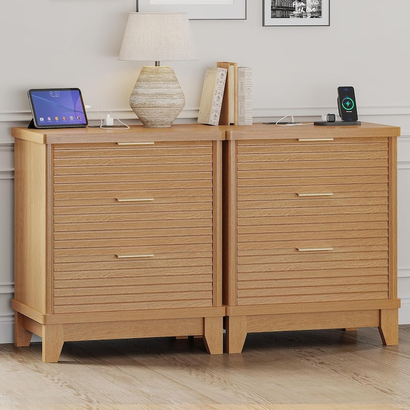 Night Stand Charging Station Drawers LED Nightstands Beside Table - Set of 2 - 3-drawer