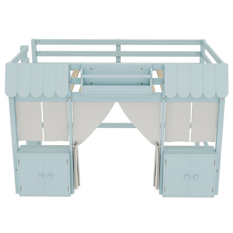 Roomfitters Low Loft Bed with Curtain and Storage, Solid Wood Cottage Frame with Bookshelf