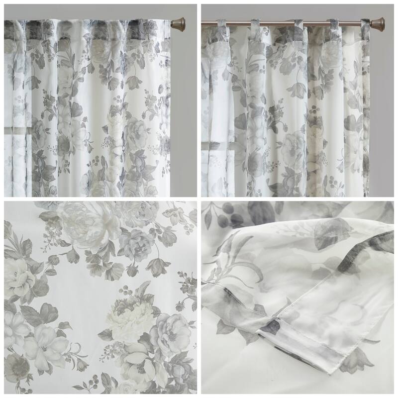 Madison Park Abelia Printed Floral Rod Pocket and Back Tab Voile Sheer Curtain