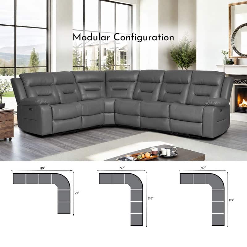 119'' Faux Leather Power Recliner 6-Seat Large Sectional Reclining Sofa with USB Port