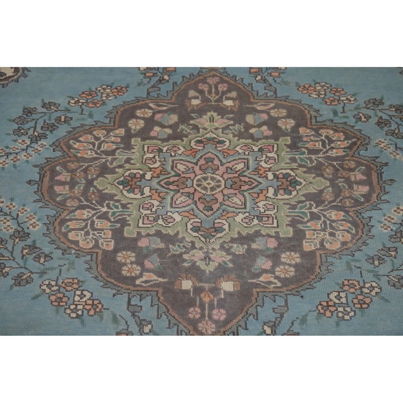 Light Blue Tabriz Vintage Persian Area Rug Handmade Wool Carpet - 6'7" x 9'3"
