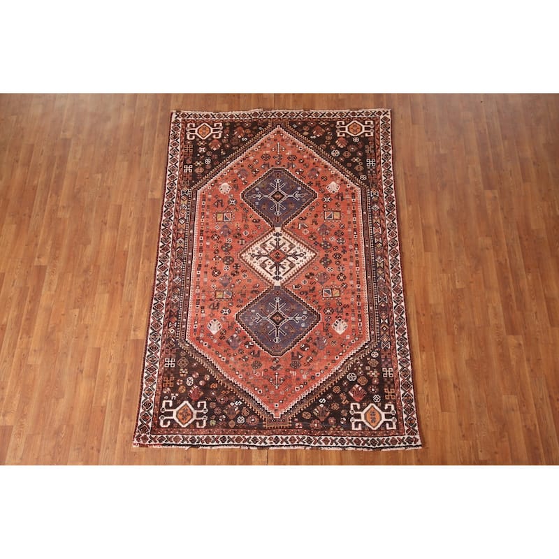 Tribal Qashqai Persian Vintage Area Rug Hand-Knotted Wool Carpet - 5'2"x 7'9"