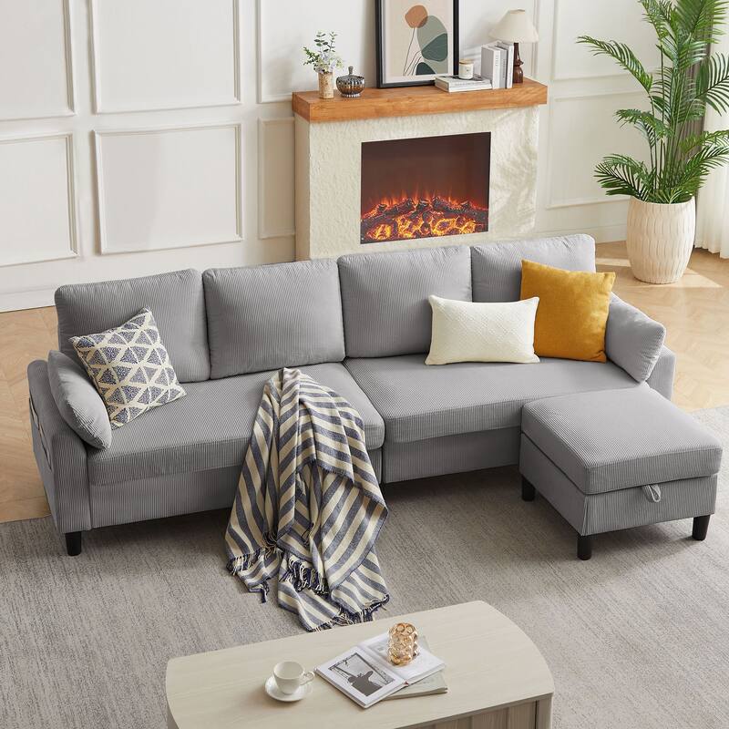 101'' Corduroy Upholstered Sectional Sofa With Storage Ottoman