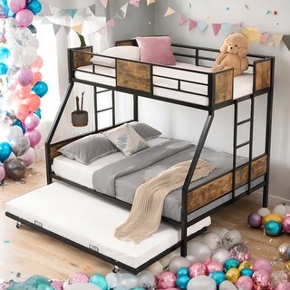 Twin Over Full Metal Bunk Bed With Trundle 2 Side Ladder For Home