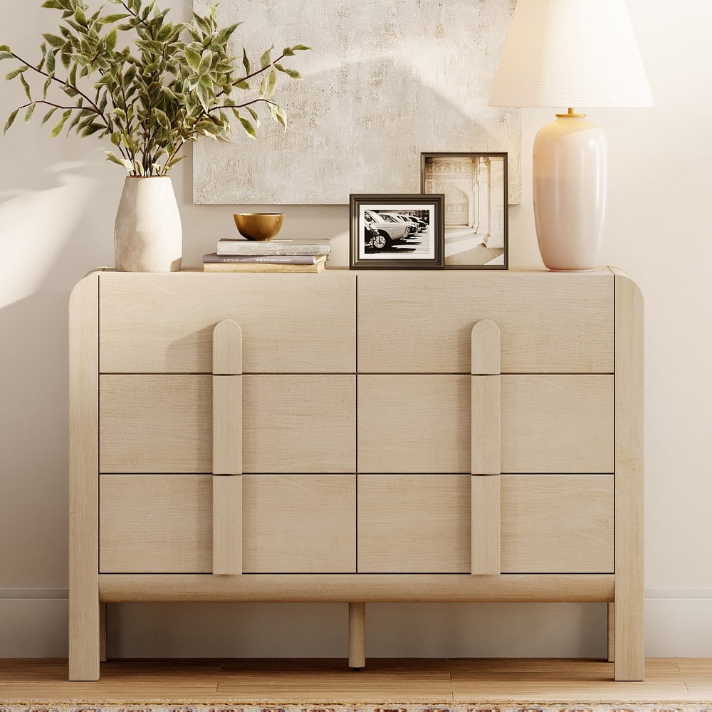 WAMPAT Mid Century Wood 6 Drawer Dresser For Bedroom, Modern Chest Of Drawers With Curved Profile Design