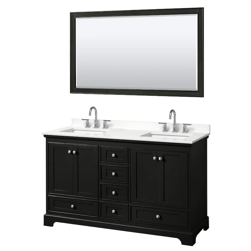Deborah 60-inch Double Vanity, Quartz Top, 58-inch Mirror - Dark Espresso, Chrome Trim, White Quartz Top