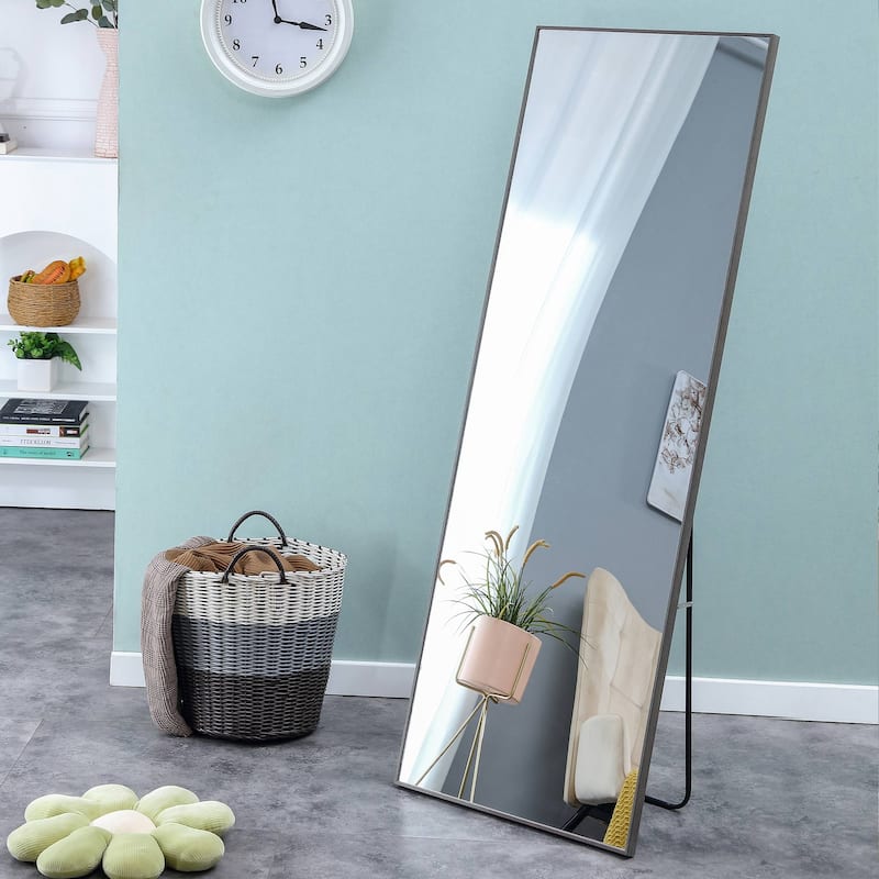 Roomfitters Full Body Mirror with Gray Solid Wood Frame, Floor or Wall Mounted Dressing Mirror for Bedroom, Gray