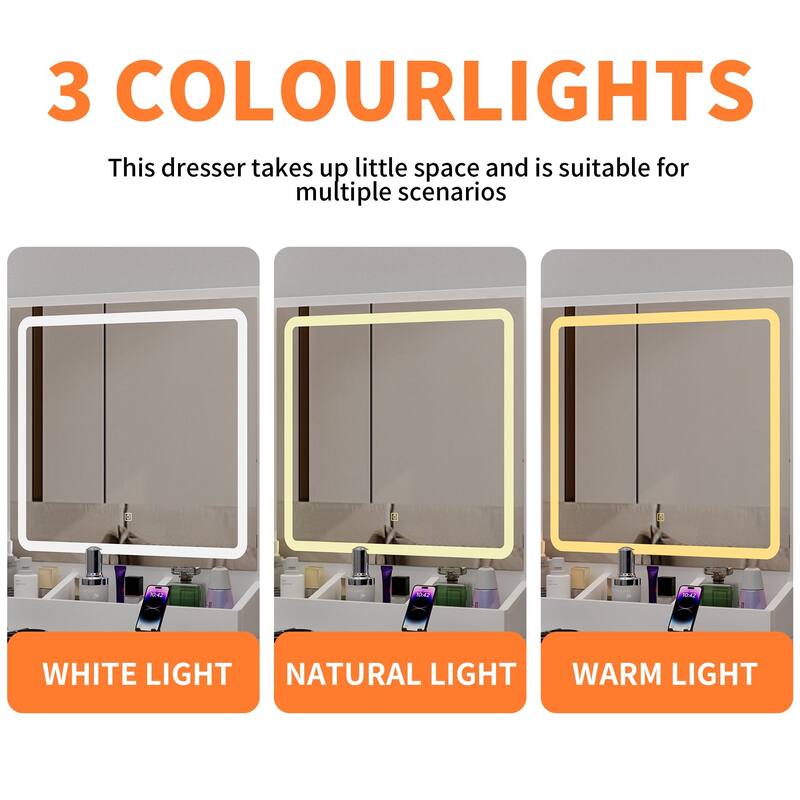 Makeup Vanity Table with LED Mirror, Power Outlet, Storage Cabinet, Cushioned Stool, 32" Wide