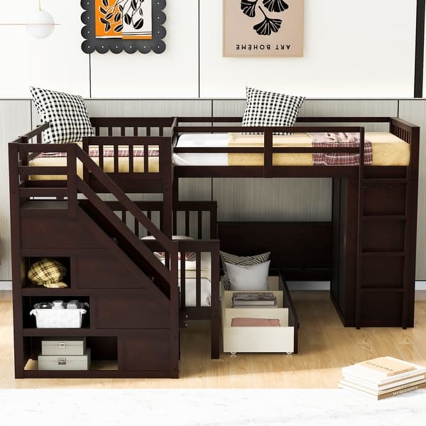 slide 2 of 9, Twin-Twin over Full L-Shaped Extra Space Storage Wood Bunk Bed with Desk and Wardrobe Espresso