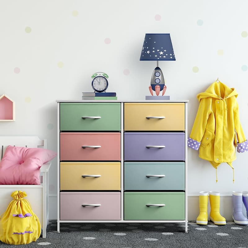 Sorbus Kids Dresser with 8 Drawers - Furniture Storage Chest Tower Unit - Steel Frame, Wood Top, Tie-dye Fabric Bins (Pastel 1)