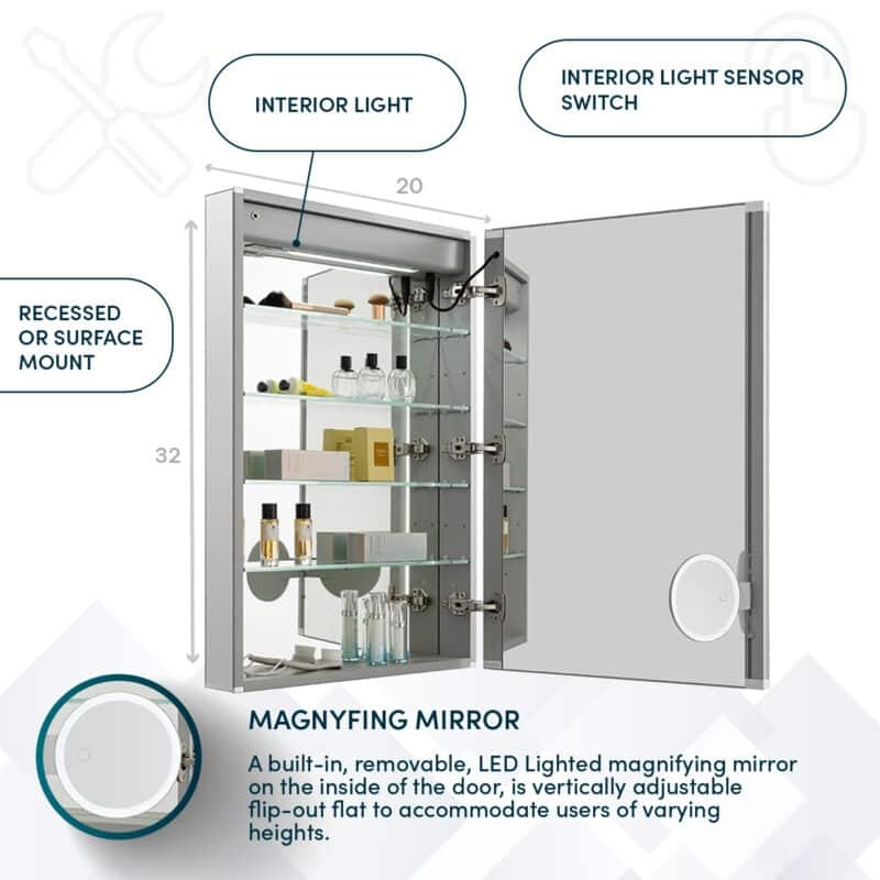 AQUADOM Edge Royale Bathroom Led Lighted Medicine Cabinet Defogger, 3X LED Adjustable Magnifying Mirror, Electrical Outlets.