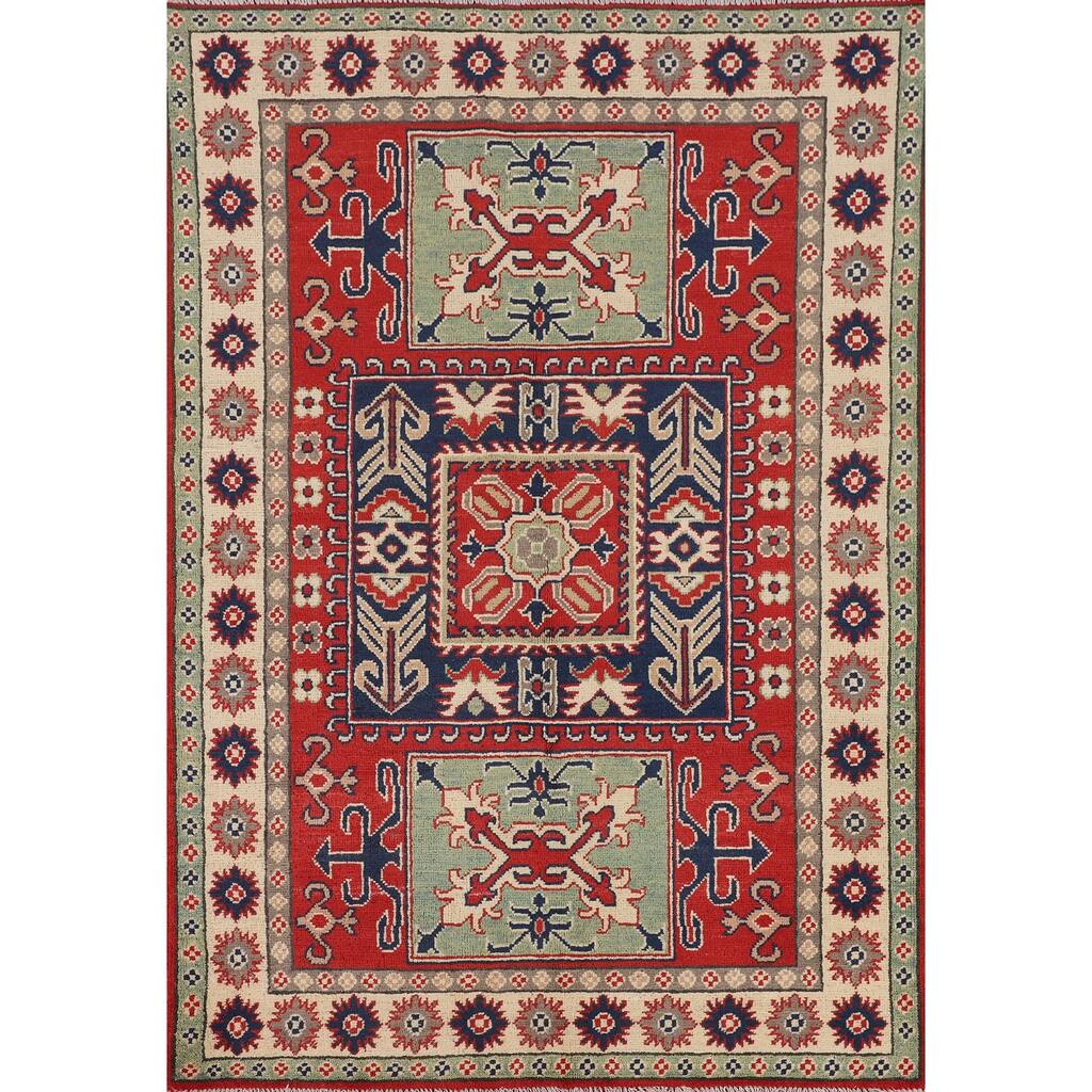 Red Kazak Area Rug Hand-Knotted Wool Carpet - 4'2" x 6'0"