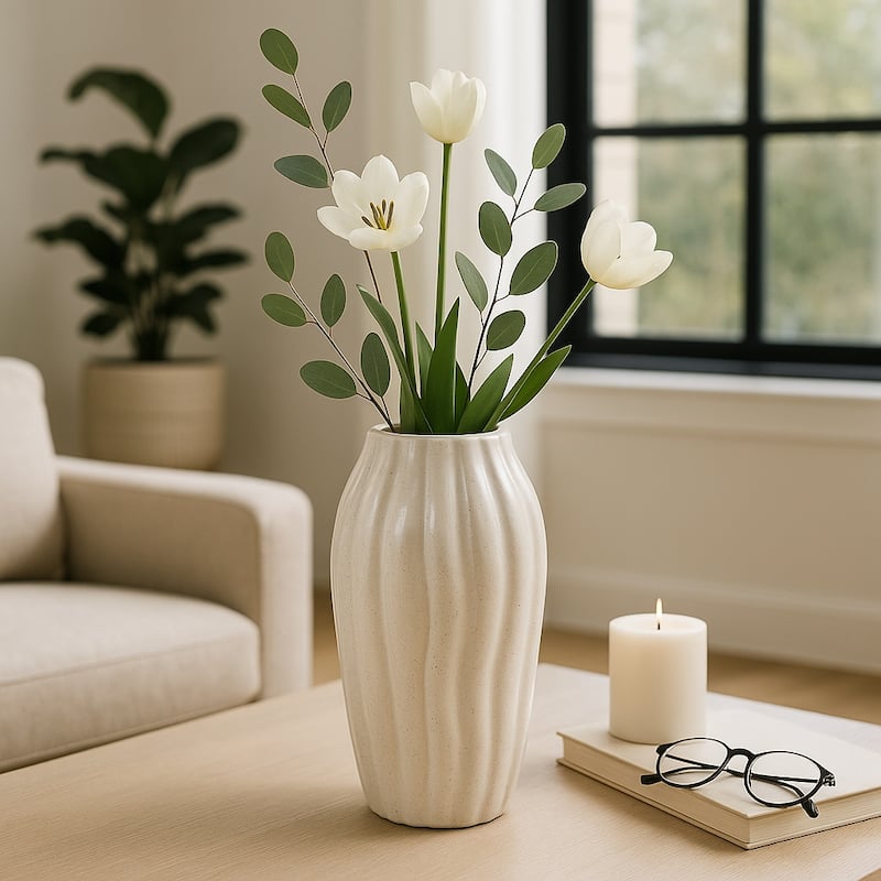 Ceramic Decorative Vase Tall Flower Sculpted Inspired Design - 7.25" x 7.25" x 14"