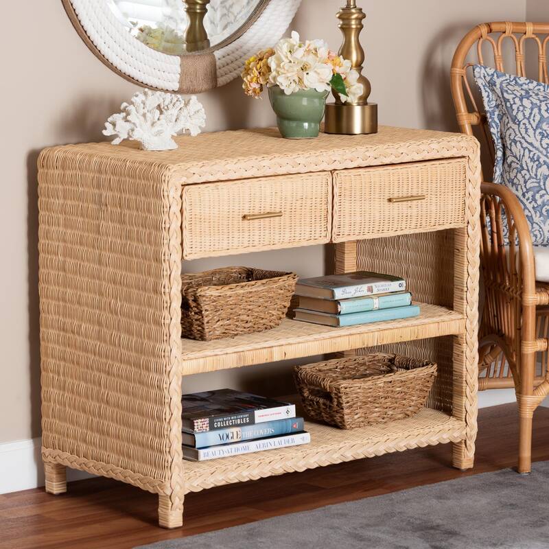 Lanica Braided Natural Rattan Console Table with Drawers and Shelves – Coastal Style Cabinet for Entryway or Living Room