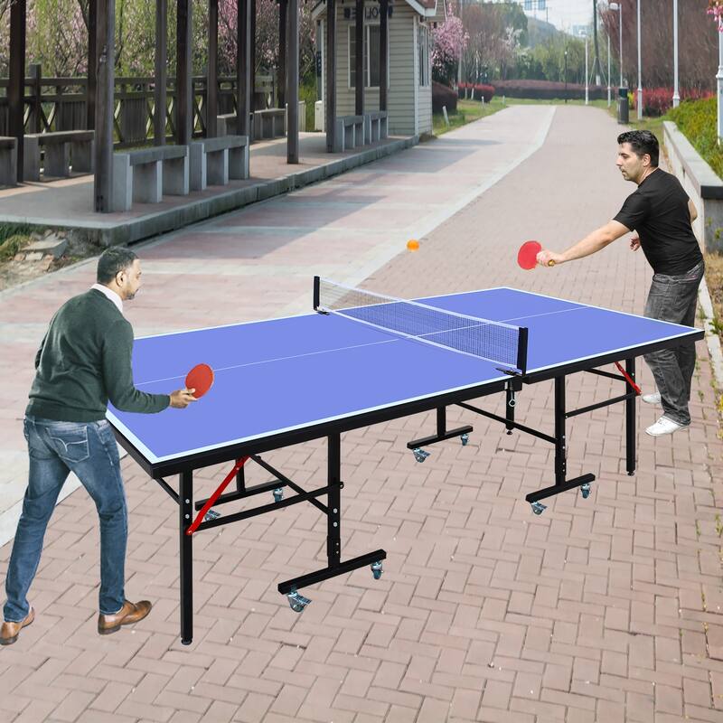 Roomfitters 8ft Indoor Table Tennis Table, Foldable & Portable Ping Pong Set with Net, 2 Bats and 3 Balls, Blue