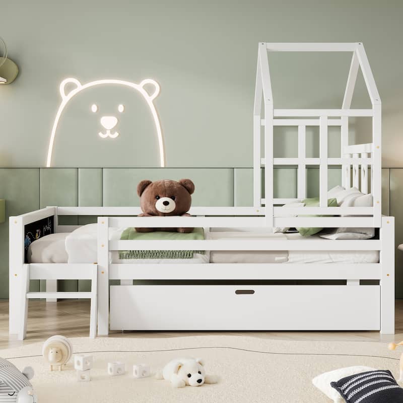 Solid Wood House Bed Frame,Twin/Full Size Platform Bed with Drawers - White - Twin