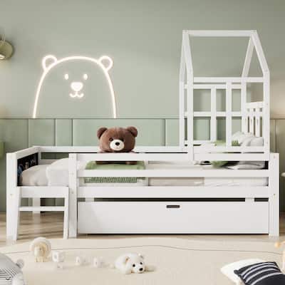 Solid Wood House Bed Frame,Twin/Full Size Platform Bed with Drawers