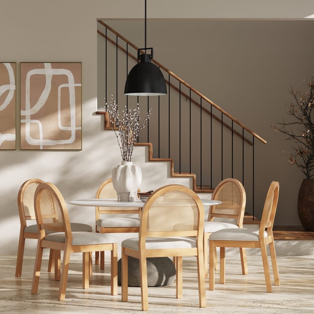 Bailey 19 in. Boucle Dining Chair, Upholstered Side Chair with Natural Woven Rattan Back and Solid Wood Legs