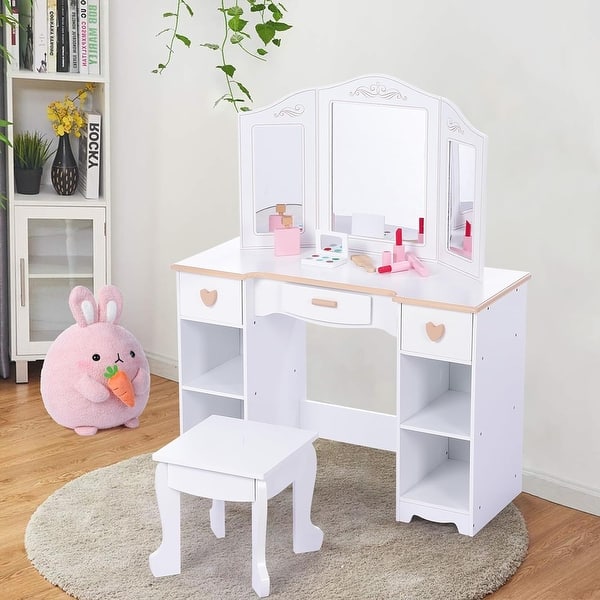 slide 2 of 5, Kids Play Vanity Table Set with Mirror and Stool, Toddler Makeup Desk White