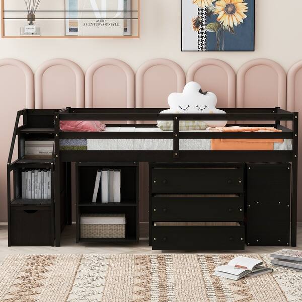 slide 2 of 9, Espresso Twin Size Solid Wood Loft Bed with Retractable Desk, Storage Stairs, Storage Drawers, and Shelves