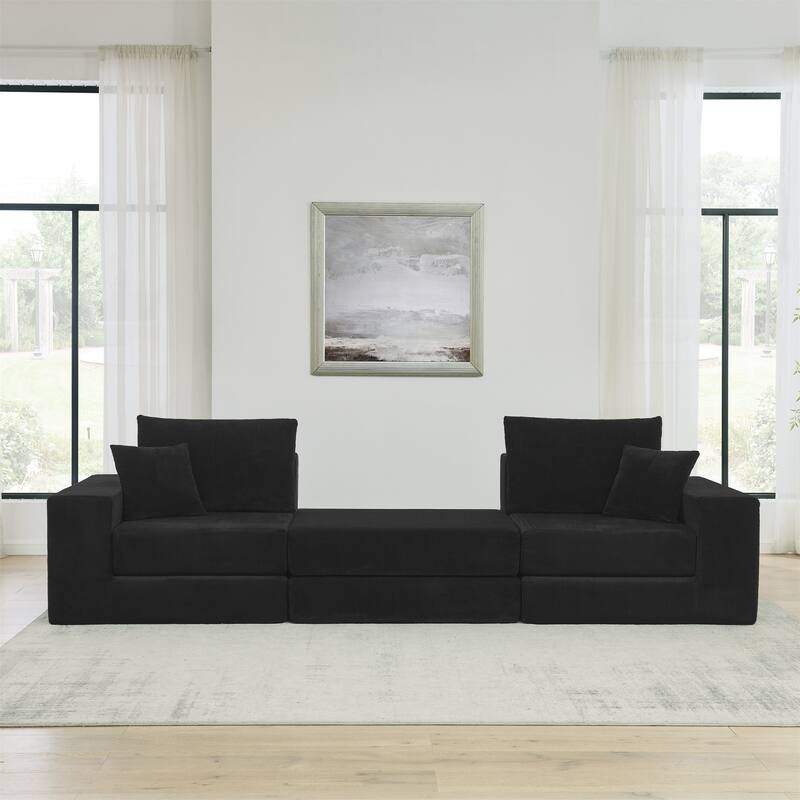 Folding Deep Seat Couch Modular L-shaped Sectional Sofa Corduroy Upholstered Sleeper Sofa Bed with Throw Pillows