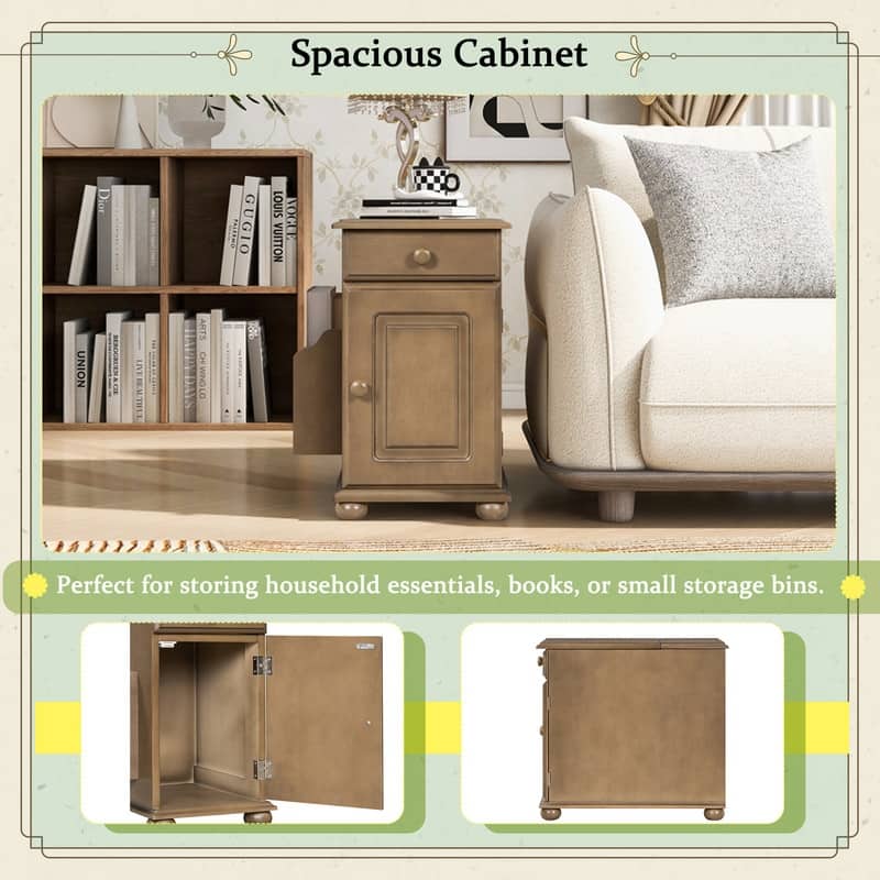 Retro Flip-Top End Table – USB Ports, Cup Holder Drawer & Bookshelf, Ideal for Small Spaces.