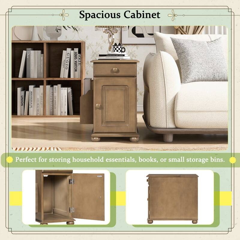 Vintage End Table Flip Top Side Table with USB Ports,One Multifunctional Drawer with cup holders,Sofa Couch Table with Bookshelf