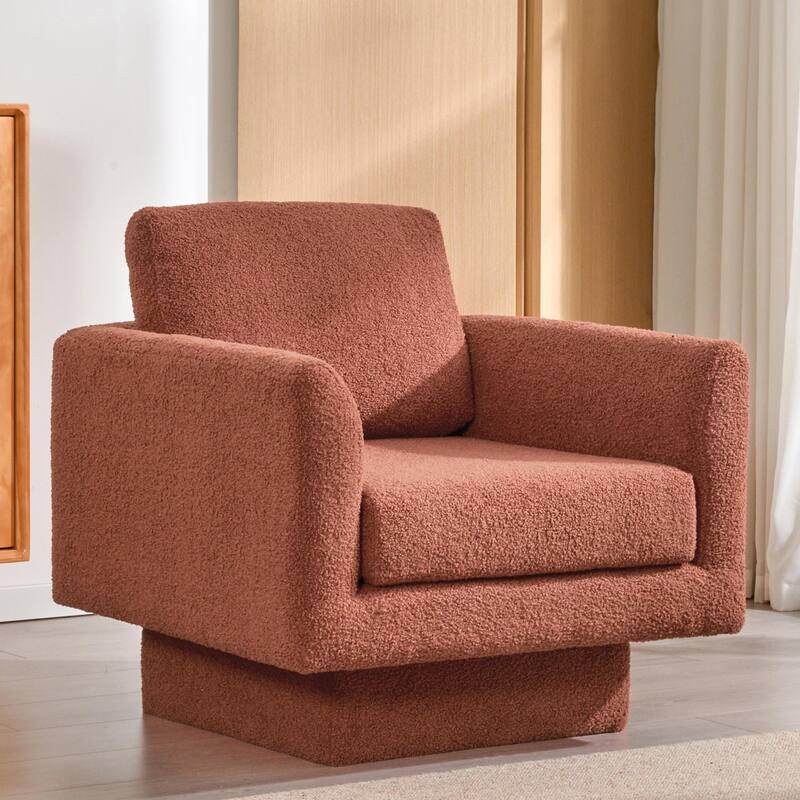 Boucle Swivel Chair with Thick Cushion - Brick red