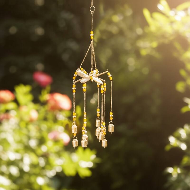 Metal Beaded Mosaic 3D Flower Wind Chime Home Garden Decor - 25" Gold - 6" x 6" x 25"