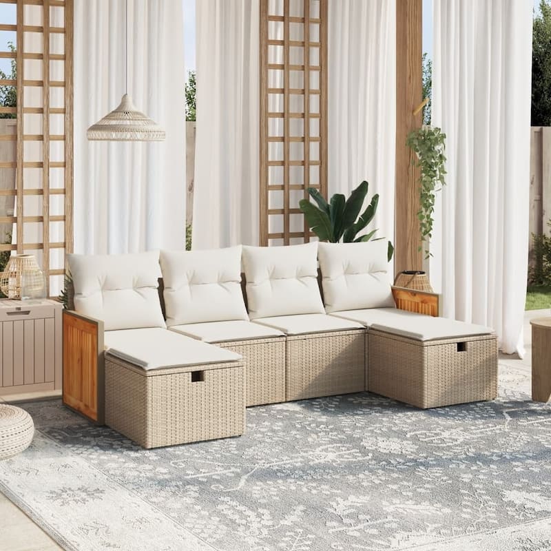 vidaXL Patio Sofa Set with Cushions Outdoor Furniture 6 Piece Poly Rattan - Beige - 89.8 x 23.2 x 27.2 in