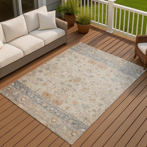 slide 2 of 120, Machine Washable Indoor/ Outdoor Traditional Border Chantille Rug Beige - 10' x 14'