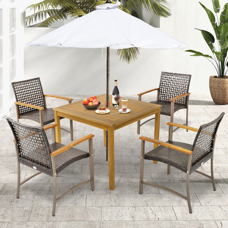 Gymax 5 PCS Patio Dining Set Acacia Wood Table w/ 1.9'' Umbrella Hole