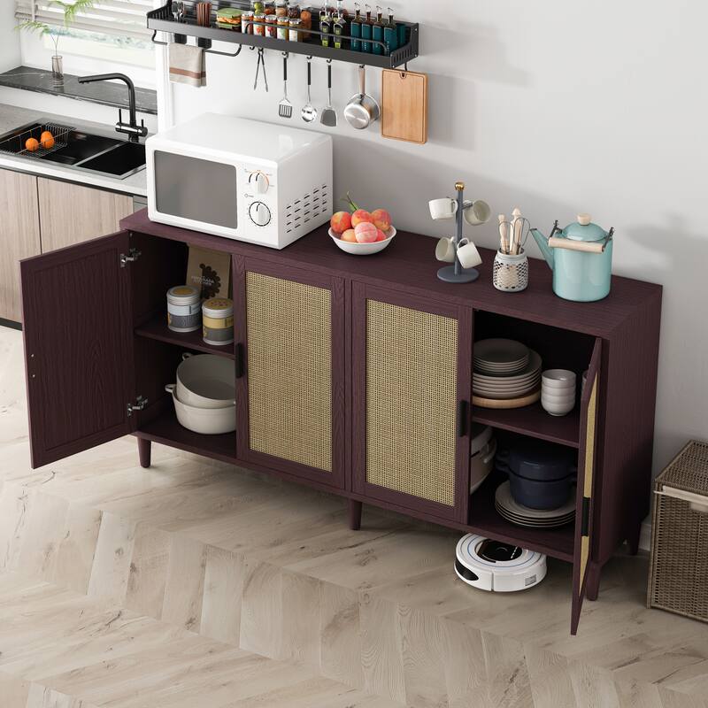 Rattan Sideboard Buffet Cabinet, 70" Storage Cabinet with Adjustable Shelves, Farmhouse Credenza Coffee Bar Cabinets w/ 4 Doors聽