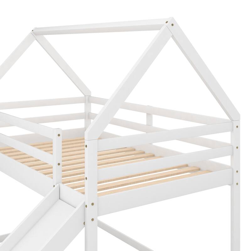Twin Size House Bunk Bed with Slide and Ladder in White
