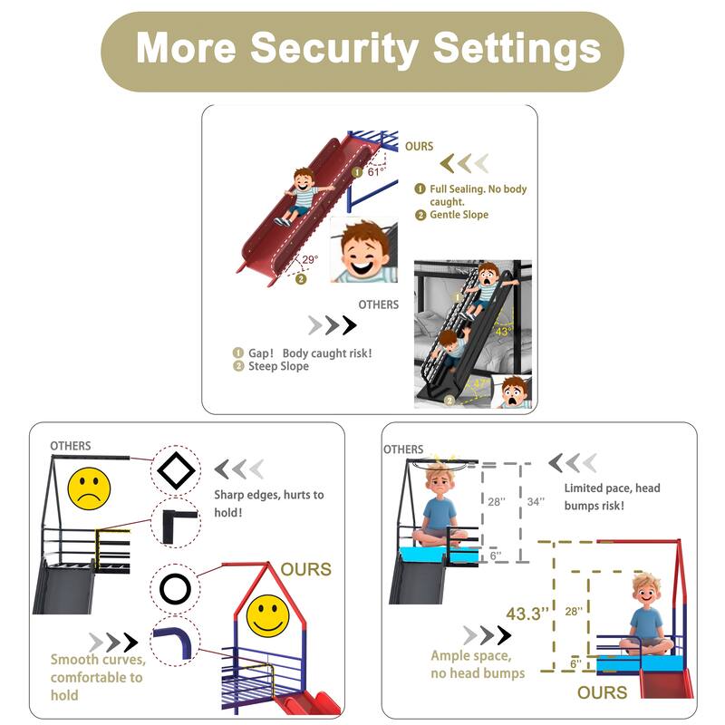 Metal Junior House Twin Loft Bed with Slide and Curtain Set