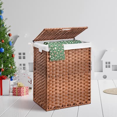 Laundry Hamper with Lid, 100L Wicker Laundry Baskets with 2 Removable Liner Bags - 18"Lx13.5"W x24"H