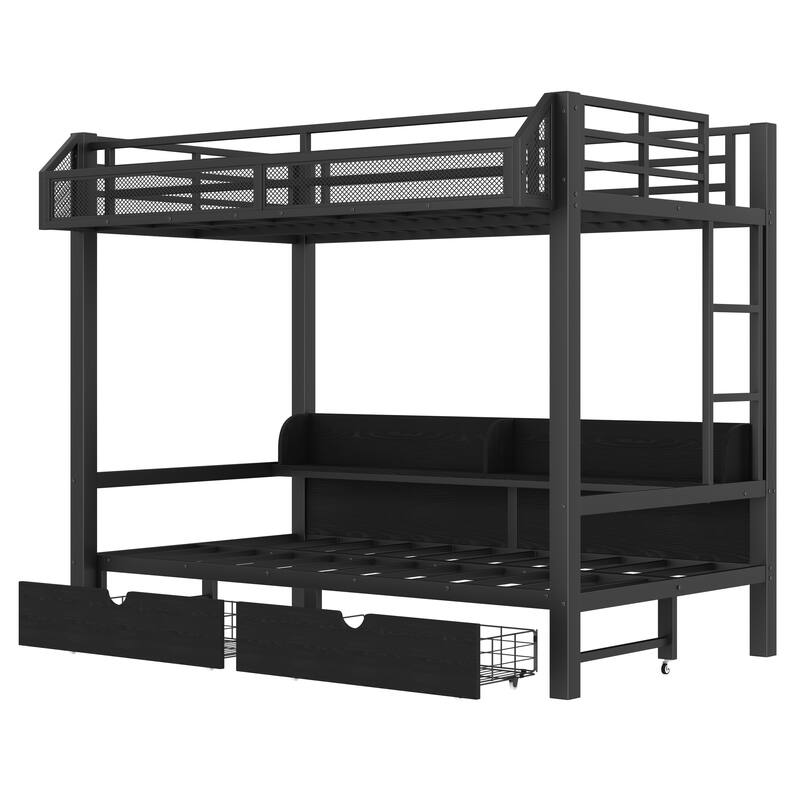 Twin XL over Twin XL Bunk Bed with Lower Bed Converted into Sofa, USB Ports, LED Lights, Storage Shelves and Underbed Drawers