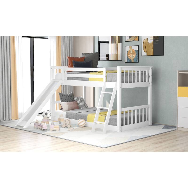 White Twin over Twin Wood Bunk Bed with Convertible Slide and Ladder