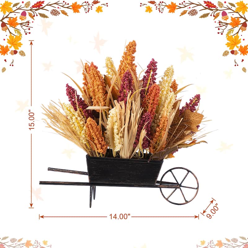 Glitzhome 14"L Fall Floral sunflower Pumpkins/ Sorghum Cart Centerpiece Harvest Table Decor