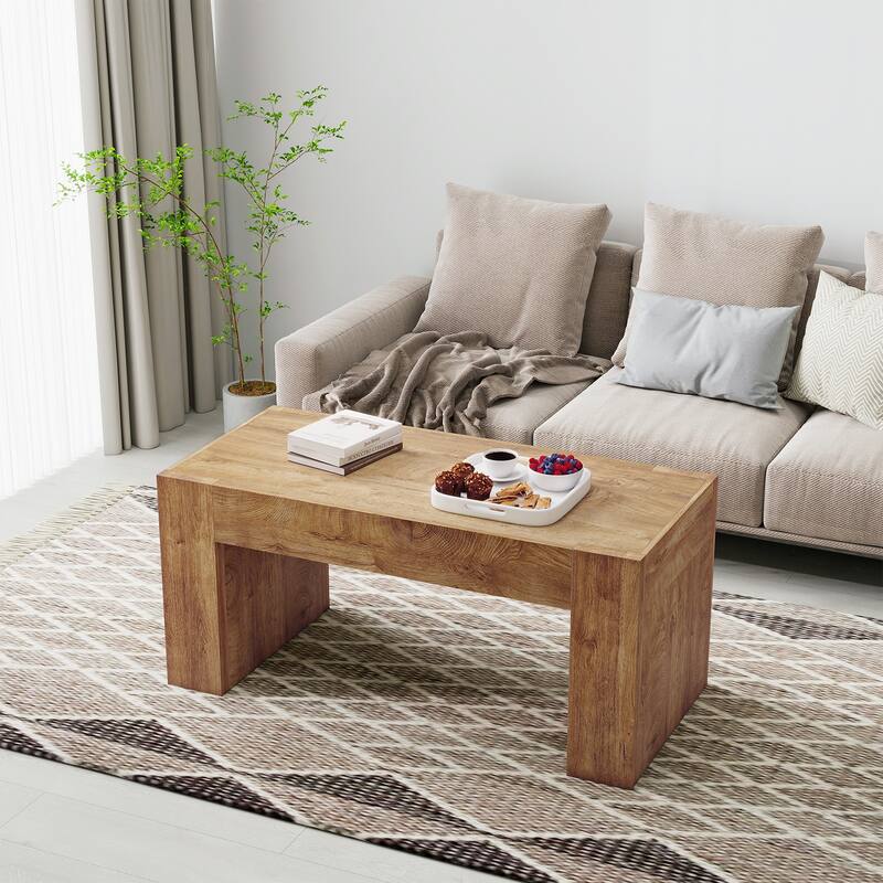 48" Farmhouse Coffee Table, Rectangle Wooden Center Table with Hidden Storage Drawer, Thick Coffee Tables for Living Room