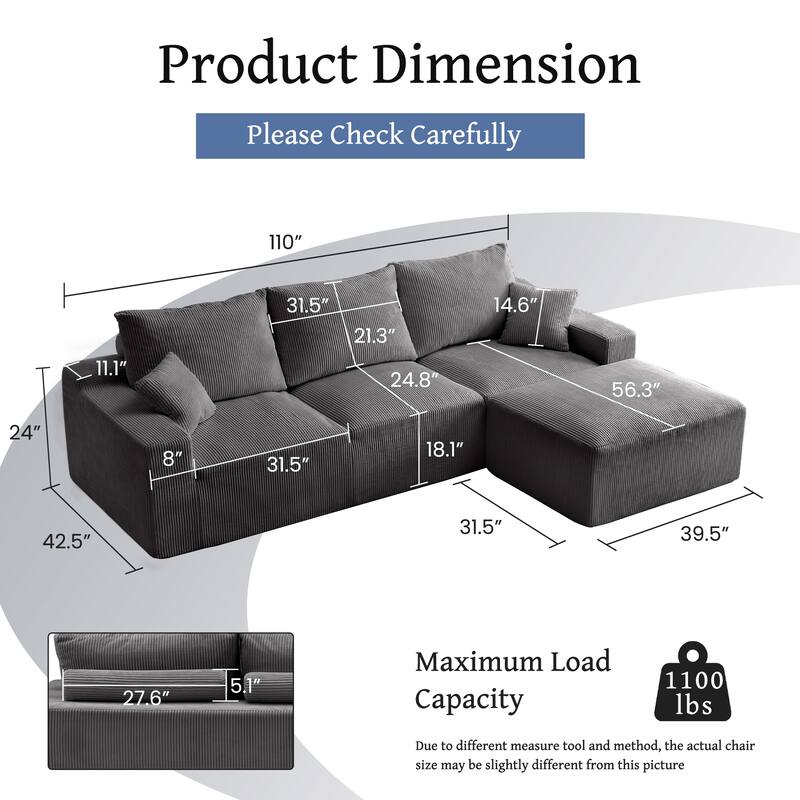 110" L-Shaped Sectional Sofa, Full-Compression 3-Seater Cloud Couch with Chaise, Corduroy, Grey