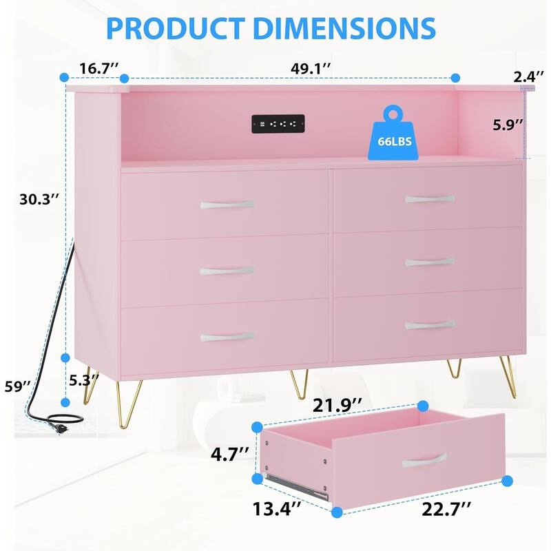 Takywep Black Dresser with LED Light for Bedroom 6 Drawer