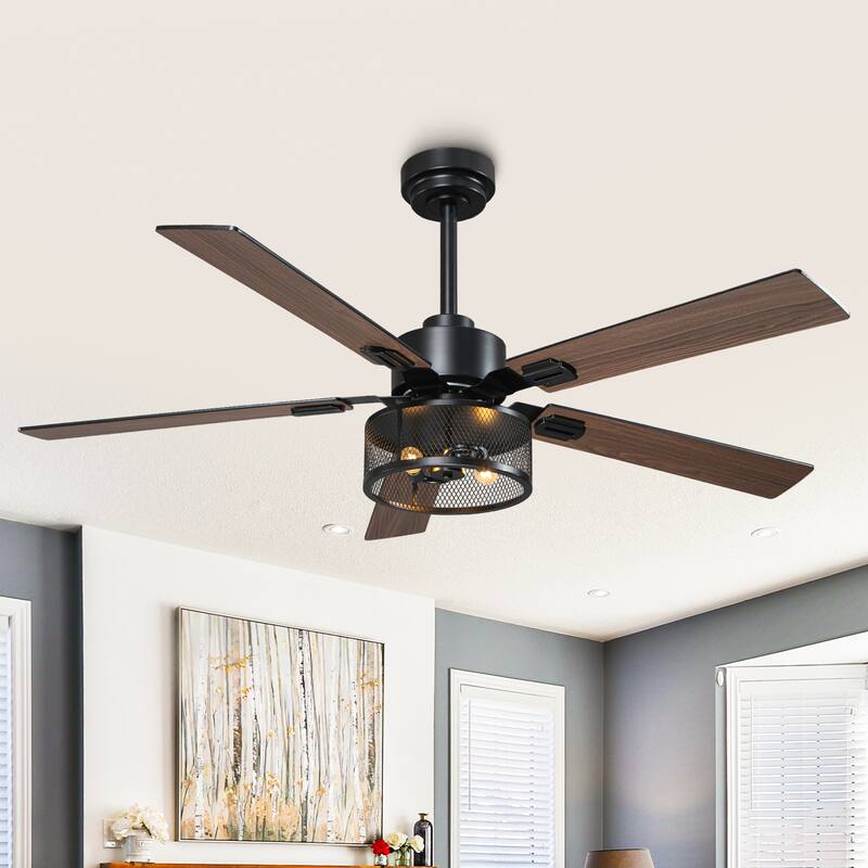 Vaczon 60" Black Reversible Wood 5-Blade Smart Ceiling Fan with Light and Remote, App Control - 52"