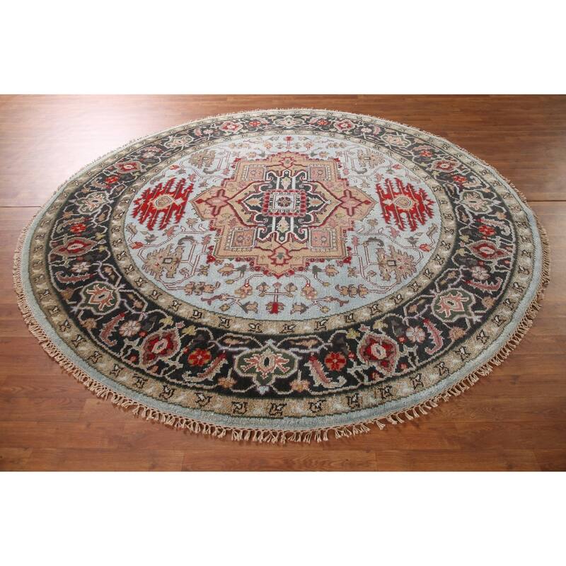 Light Blue Heriz-Serapi Oriental Round Area Rug Handmade Wool Carpet - 7'11"x 7'11"