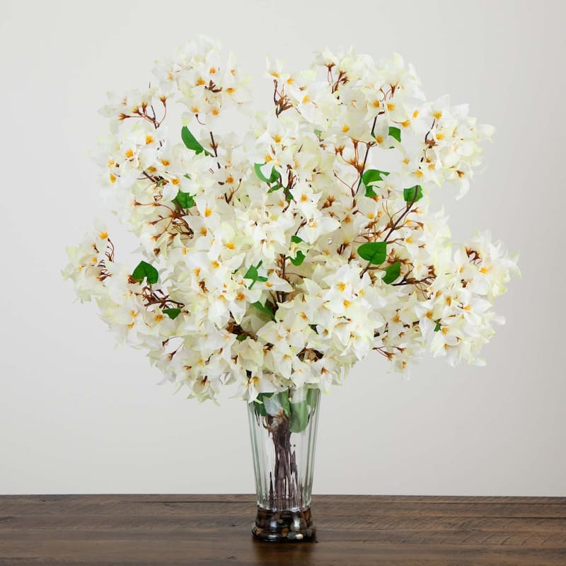 Bougainvillea Artificial Floral Arrangement with Glass Vase - 30" - White