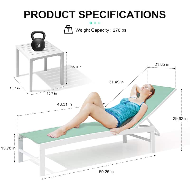 Outdoor Aluminum Chaise Lounge Chairs and Side Table, Sun Lounger with Adjustable Backrest