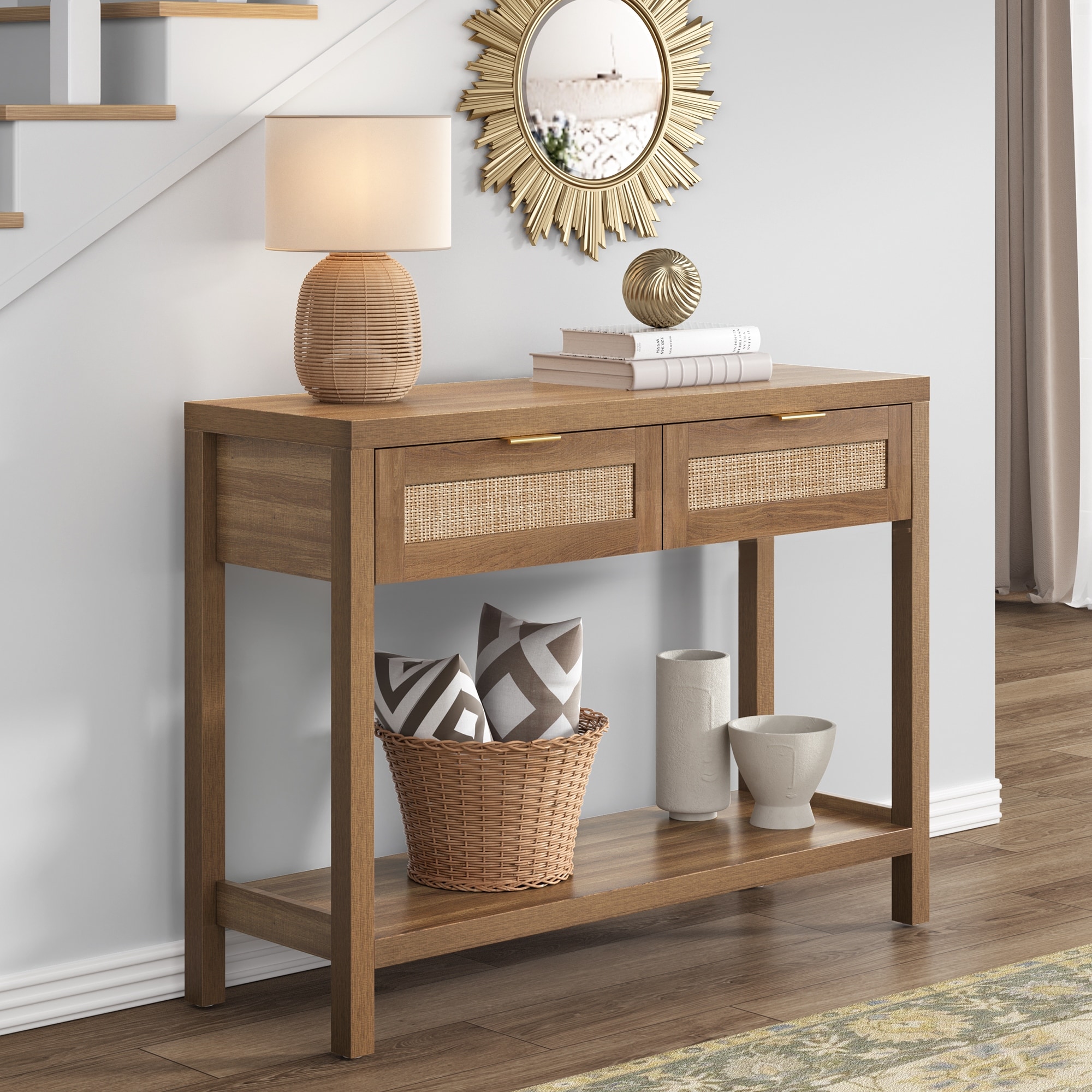 SICOTAS Rattan Console Table with 2 Drawers and Shelves