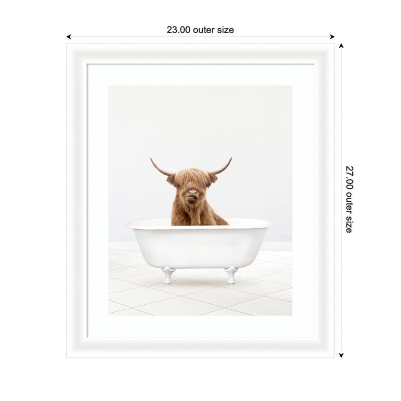 Kate and Laurel Highland Cow Solo Bathtub by Amy Peterson Framed Wall Art Print